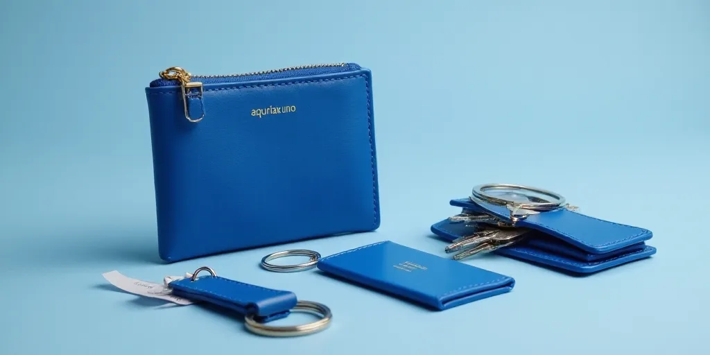 a blue keychain, a blue id, a blue wallet, and a blue package of keys, Aquirax Uno, product photo, a