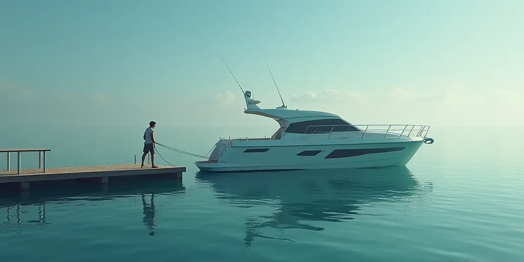 a boat floating on top of a body of water next to a pier with a man on it's back, Aquirax Uno, cgi,