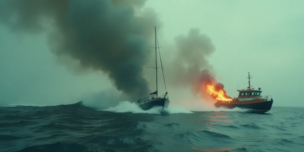 a boat is being tossed by a wave in the ocean while it is being towed by a boat on fire, Charles Moz