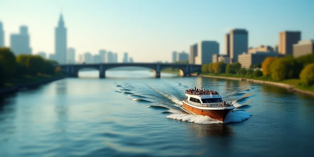a boat traveling down a river next to a bridge over water with a city in the background on a sunny d
