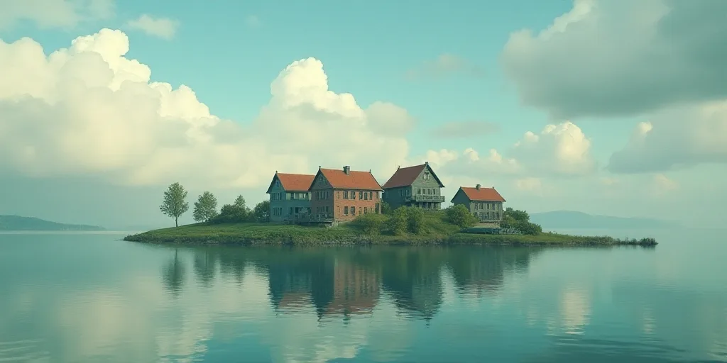 a body of water with a bunch of houses on it and a cloudy sky above it with clouds in the sky, Altic