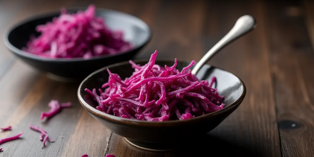 a bowl of dried red cabbage on a table top with a spoon in it and a bowl of chopped red cabbage in t