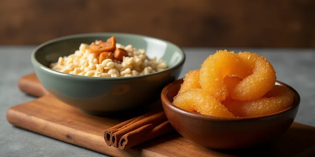 a bowl of oatmeal and a bowl of churros on a wooden board with cinnamon sticks, Ceferí Olivé, prof