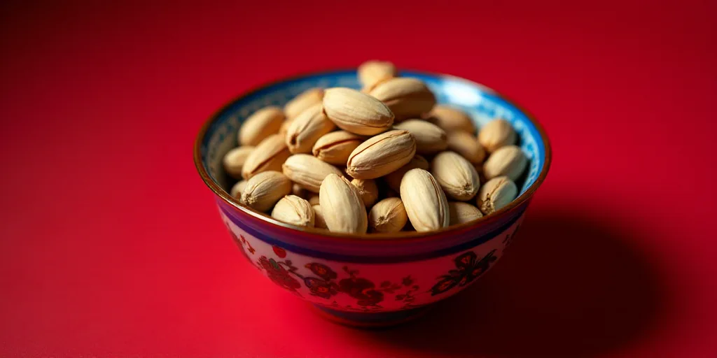 a bowl of pistachios on a red table top with a blue border around it and a red and blue bowl with a