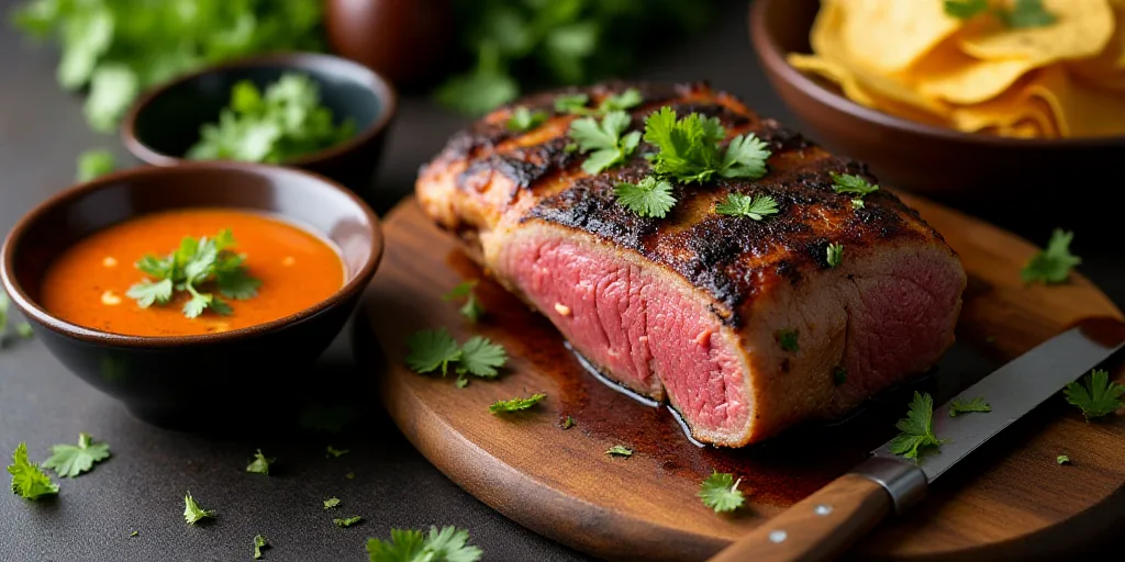 a bowl of soup next to a large piece of meat on a cutting board with a knife and a bowl of tortilla