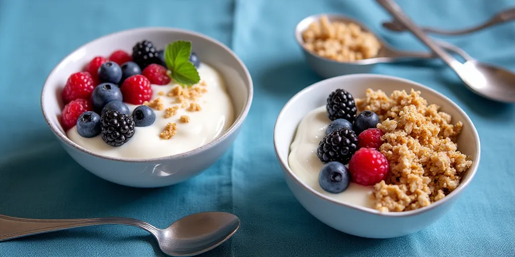 a bowl of yogurt and a bowl of berries and granola on a blue tablecloth with spoons, Florianne Becke