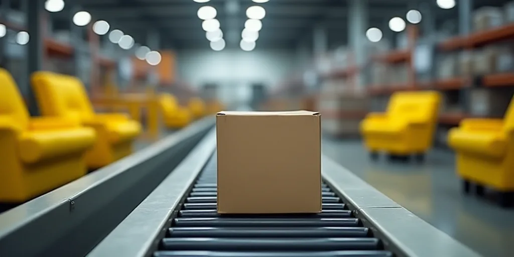 a box sitting on top of a conveyor belt in a warehouse with yellow chairs and shelves in the backgro