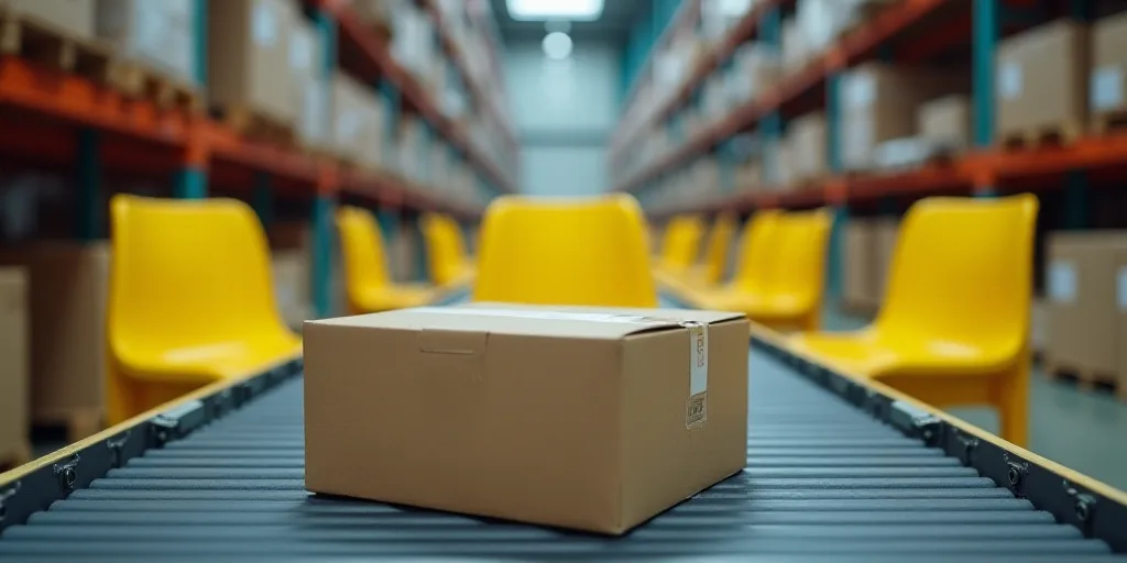 a box sitting on top of a conveyor belt in a warehouse with yellow chairs and shelves in the backgro