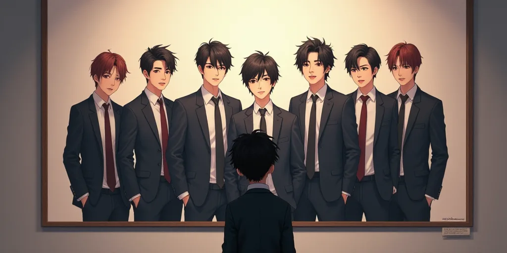 a boy standing in front of a poster of a group of young men in korean clothes and ties,, Anne Said,