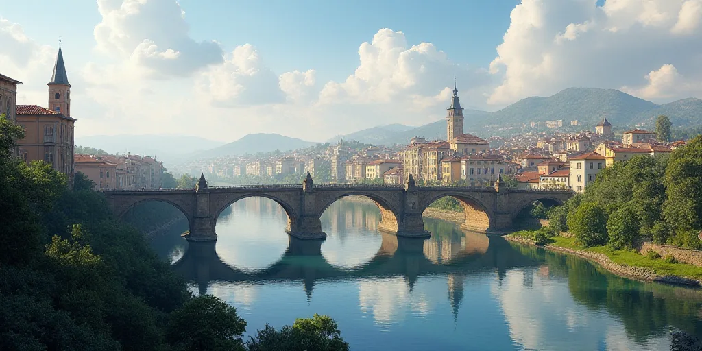 a bridge over a river with a city in the background and a bridge over the river in the foreground, C