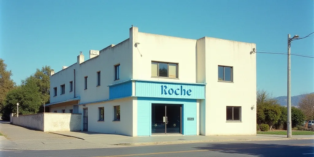 a building with a blue sign that says roche on it and a white building with a blue sign that says ro