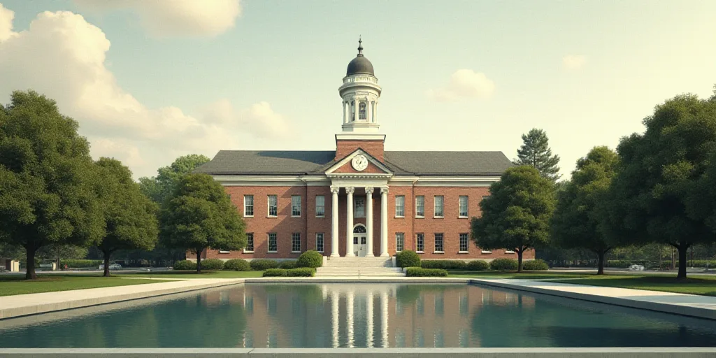 a building with a clock on the top of it's roof and trees in front of it and a pool of water in fron