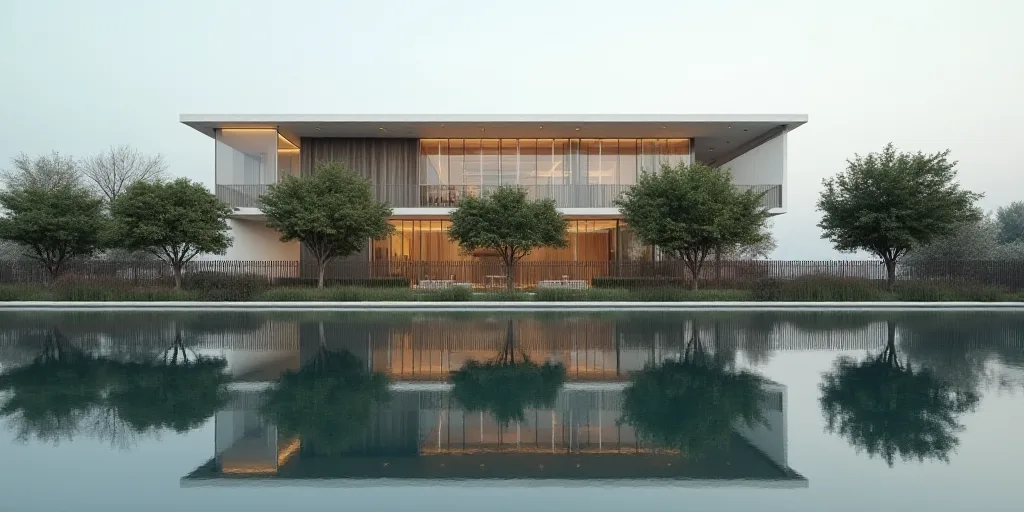 a building with a fence and trees in front of it and a reflection of the building on the water, Carl