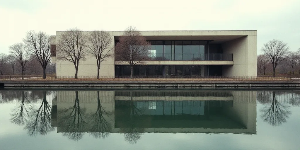a building with a fence and trees in front of it and a reflection of the building on the water, Carl