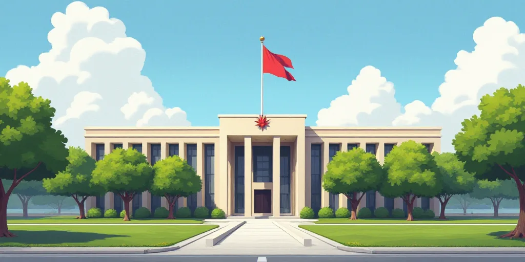 a building with a flag on top of it and trees in front of it and a flagpole on top of it, Carlos Tri