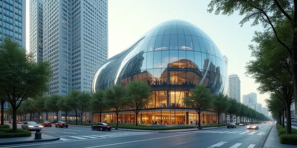 a building with a glass dome on top of it in a city street with tall buildings in the background, Ca
