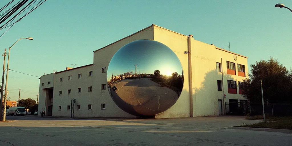 a building with a large mirror ball on the side of it's face and a street light in front of it, Carp
