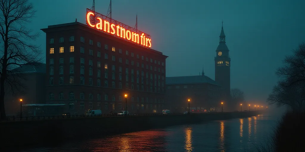 a building with a large sign on top of it at night time with lights on it and a building with a larg