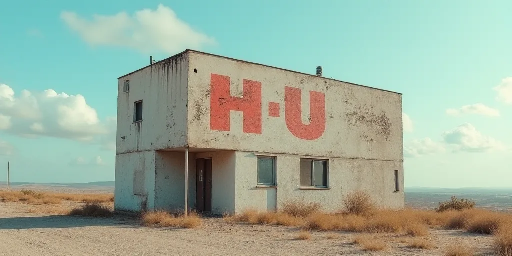 a building with a large sign on the side of it's side and a sky background behind it, Évariste Vita