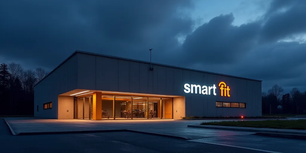 a building with a lit up entrance and a sign that says smart fit on it at night time with a cloudy s