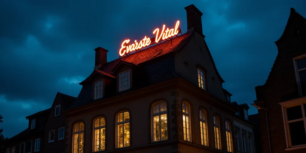a building with a lit up sign on top of it at night time with lights on the windows and a dark sky,