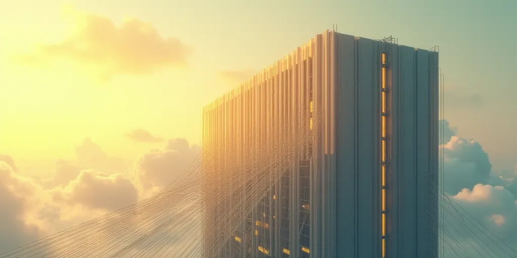 a building with a lot of lines on it and a sky background with clouds in the background and a yellow