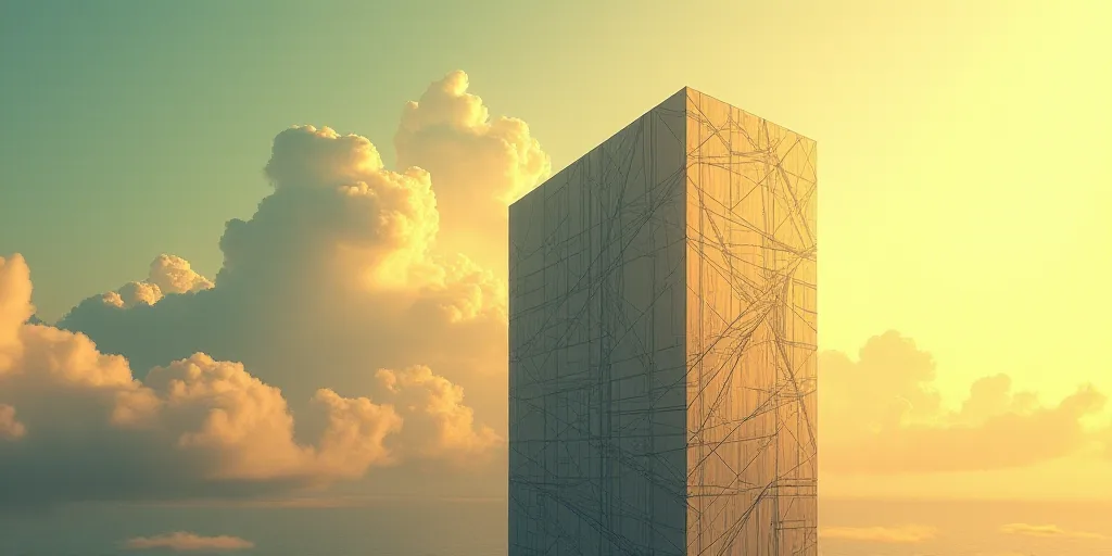 a building with a lot of lines on it and a sky background with clouds in the background and a yellow