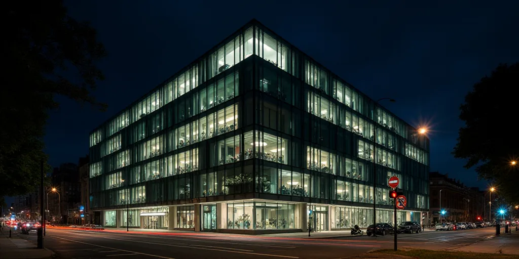 a building with a lot of windows and lights on it at night time with a street sign in front of it, D