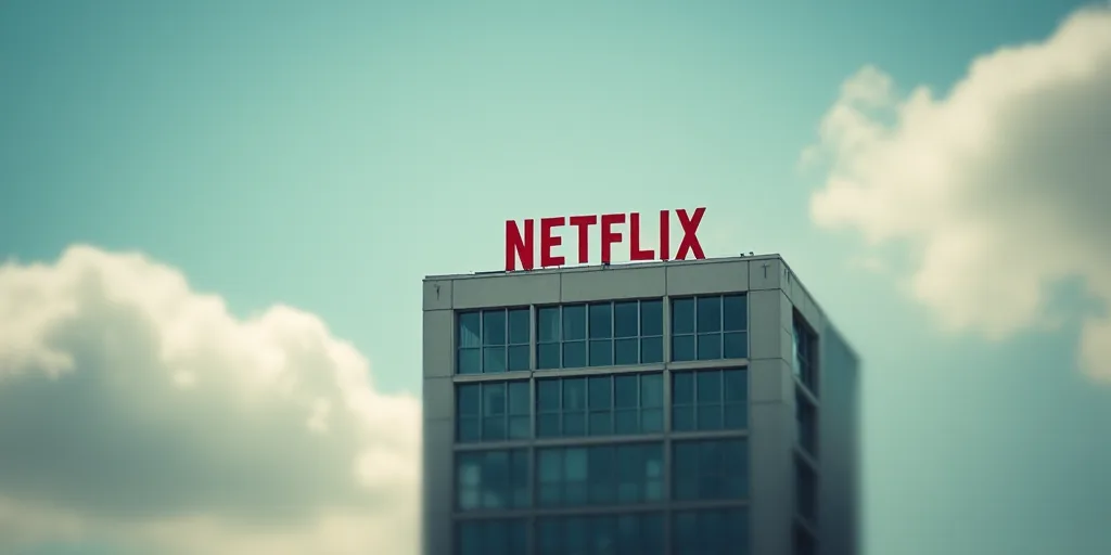 a building with a netflix logo on top of it's roof and a sky background with clouds in the backgroun
