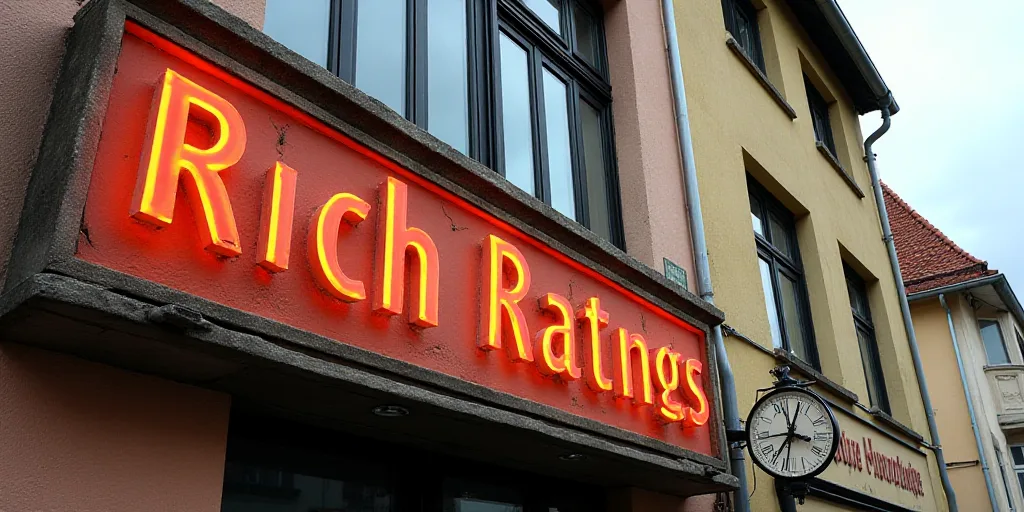 a building with a sign that says rich ratingss on it's side and a clock on the side of the building,