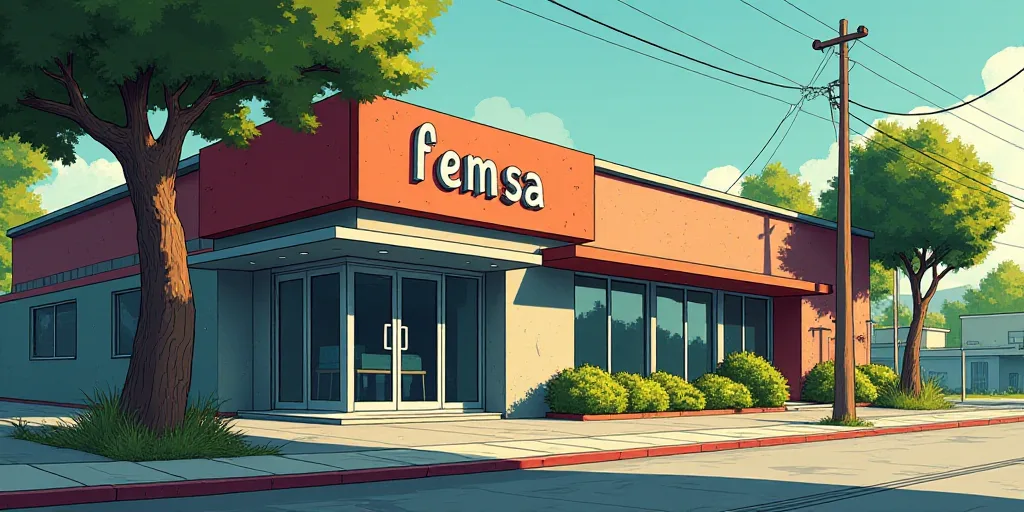 a building with a sign that says femsa on it and a tree in front of it and a building with a sign th