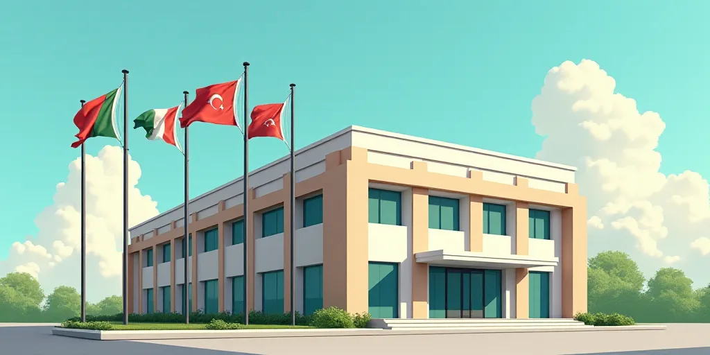 a building with flags in front of it and a sky background with clouds in the background and a few cl