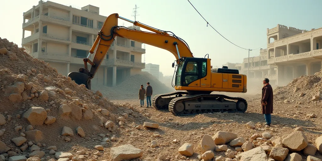 a bulldozer digging through a rubble filled area with people standing around it and a building in th