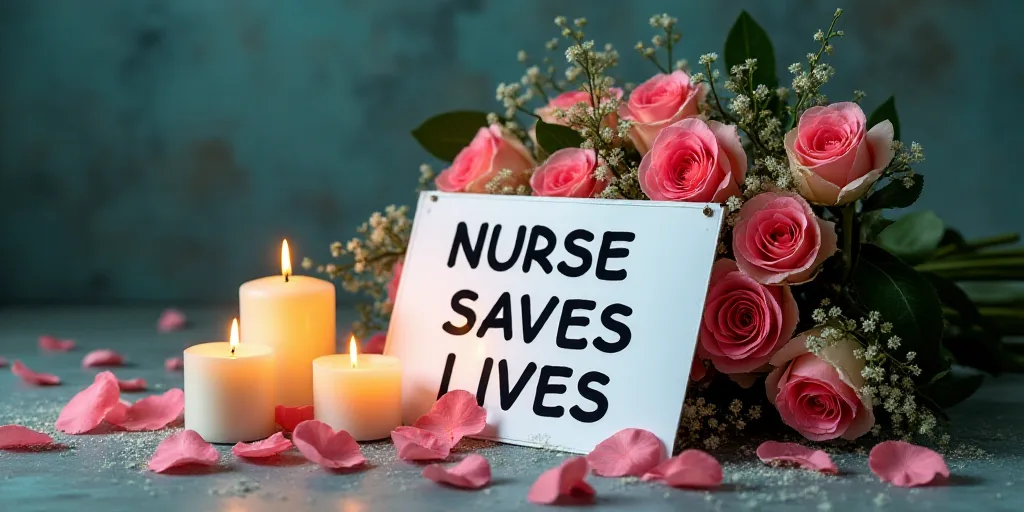 a bunch of flowers and candles are on the ground with a sign that says nurse saves lives ice them, E