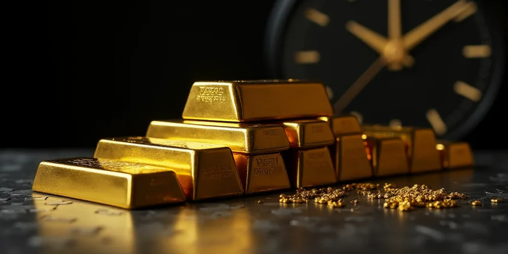 a bunch of gold bars are lined up on a table with a black background and a clock in the background,