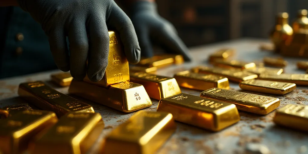 a bunch of gold bars are on a table with a gloved hand holding one of them up to the camera, Enguerr
