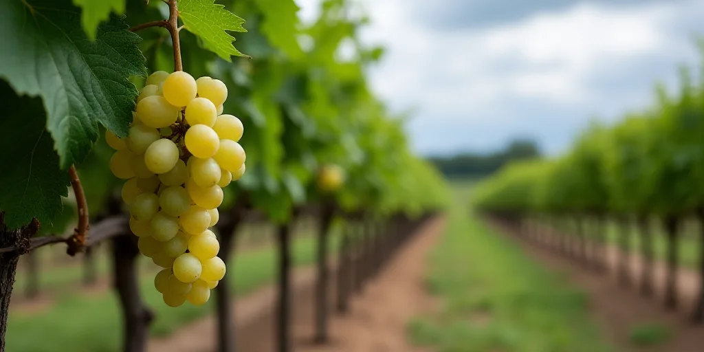 a bunch of grapes hanging from a vine in a vineyard with a cloudy sky in the background and a field