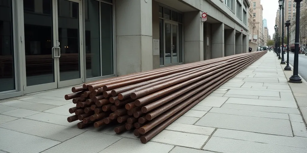 a bunch of metal bars sitting on top of a sidewalk next to each other on a sidewalk next to a buildi