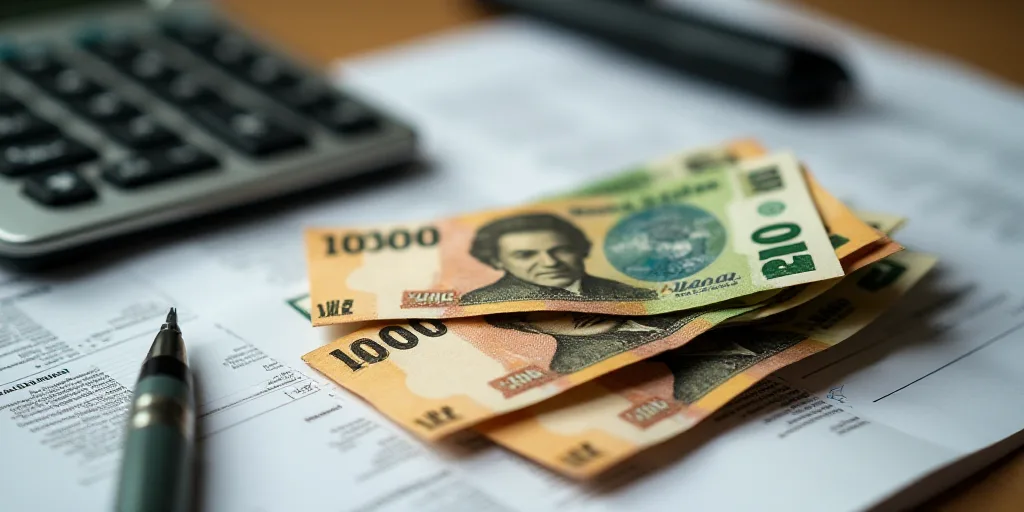 a bunch of mexican currency sitting on top of each other on a table with a calculator and a pen, Aqu