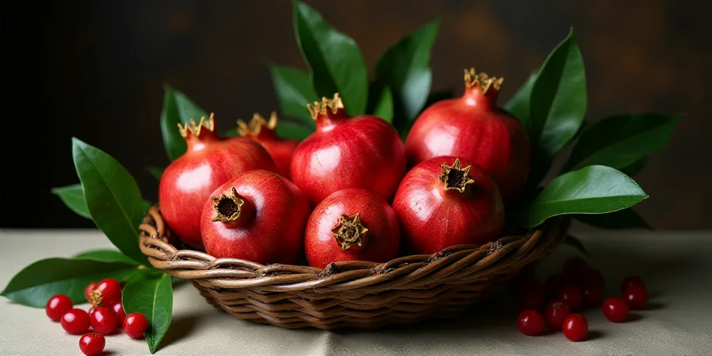a bunch of pomegranates sitting in a basket on a table top with leaves on top, Boetius Adamsz Bolswe