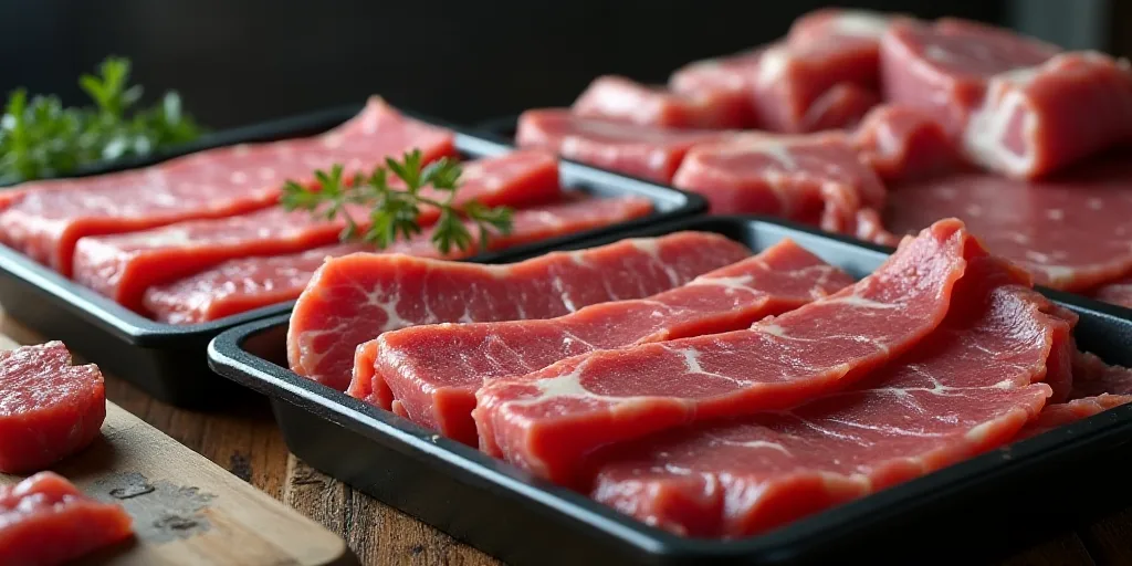 a bunch of raw meats are in trays on a table with other meats on the table, Andries Stock, raw, a ji
