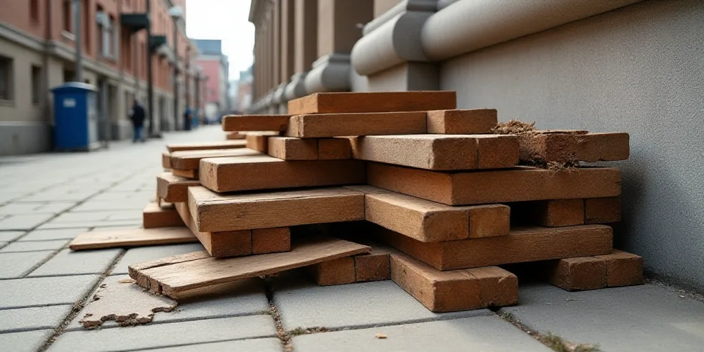 a bunch of wooden pieces sitting on top of a sidewalk next to each other on a sidewalk next to a bui