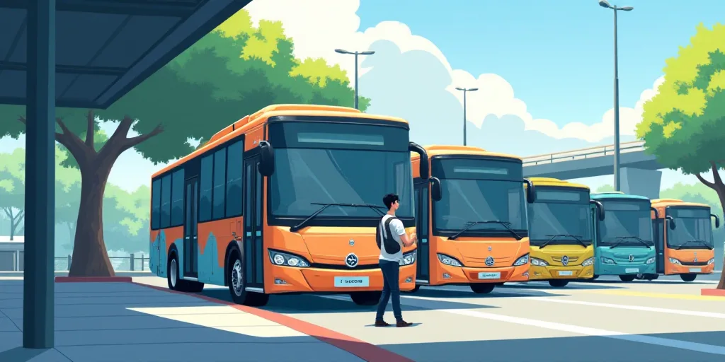 a bus parked in a bus station with other buses in the background and a man standing on the sidewalk,
