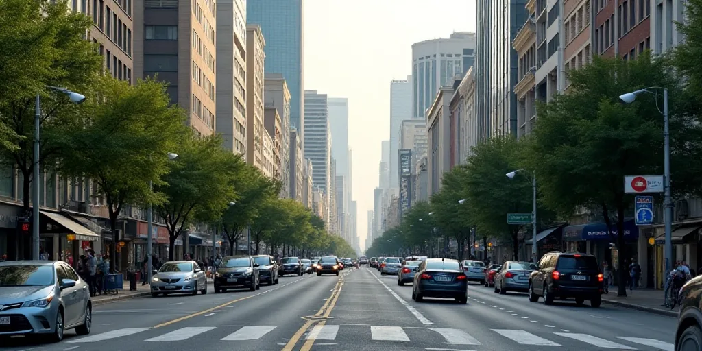 a busy city street with lots of traffic and pedestrians crossing it in the daytime time, with tall b