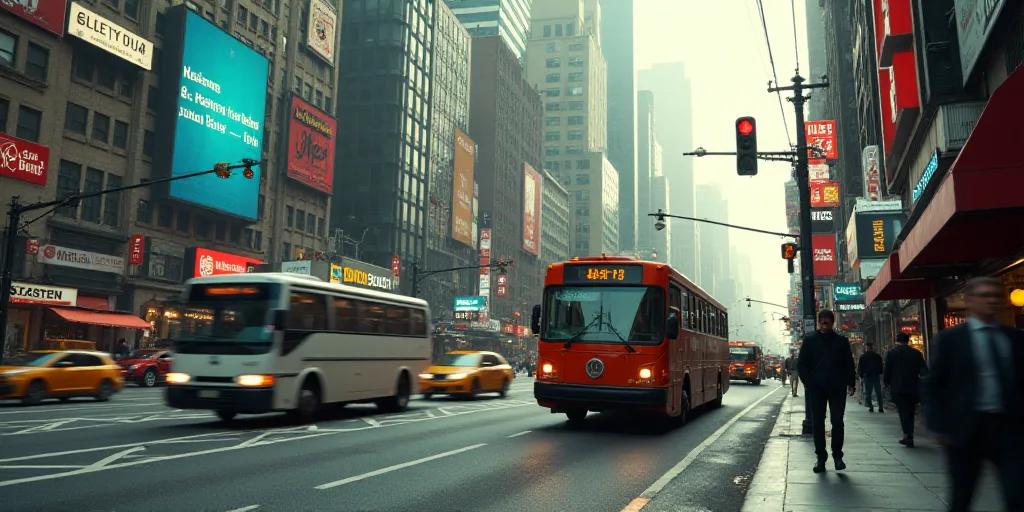 a busy street filled with lots of traffic and a person walking on the sidewalk near a bus and a bus,