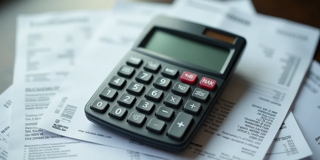 a calculator sitting on top of a pile of paper receipts with a red button on the top, Andries Stock,