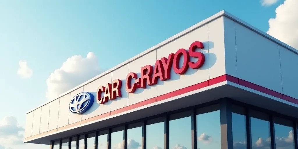 a car dealership sign on the side of a building with a sky background and clouds in the background,