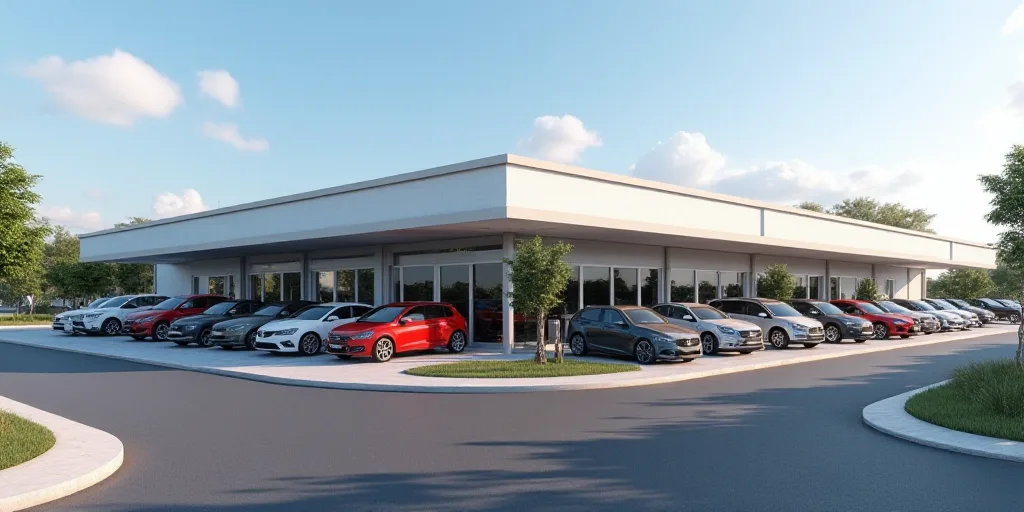 a car dealership with several cars parked in front of it and a few cars parked in front of it, Almad