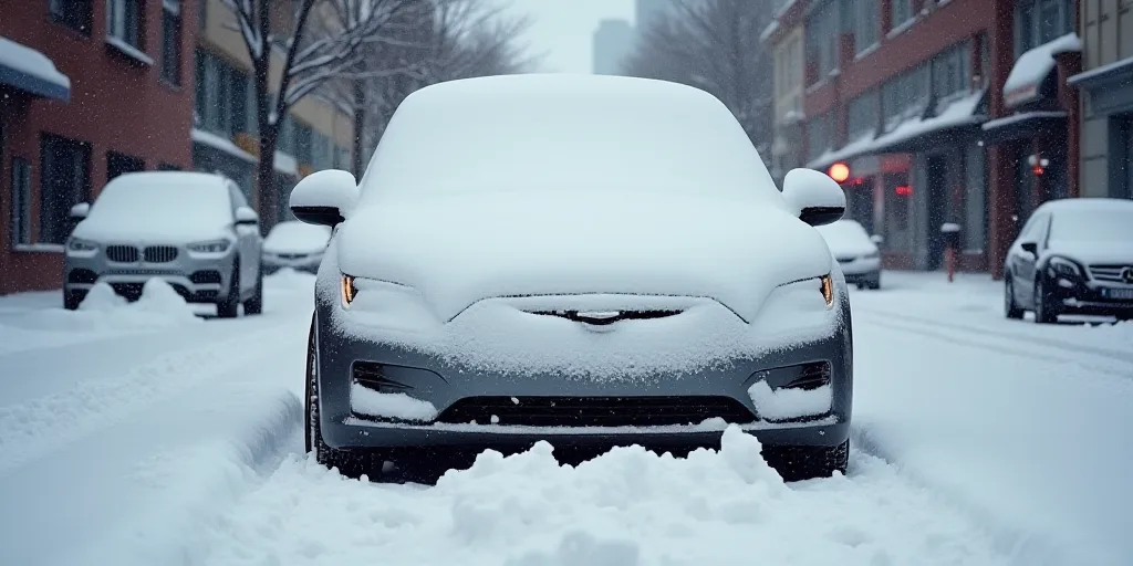 a car is covered in snow on a city street in winter time, with a few cars parked on the side of the