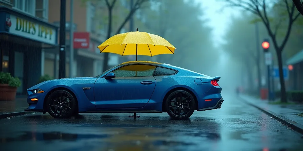 a car is parked in the rain with a yellow umbrella over it and a blue car is parked in the rain, Bee